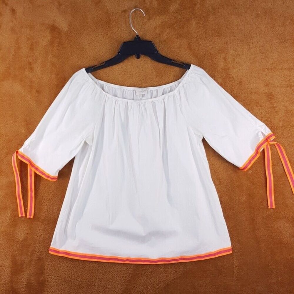 MILANO ITALY Womens Top Size 38 White Pullover Boatneck Peasant Orange Trim